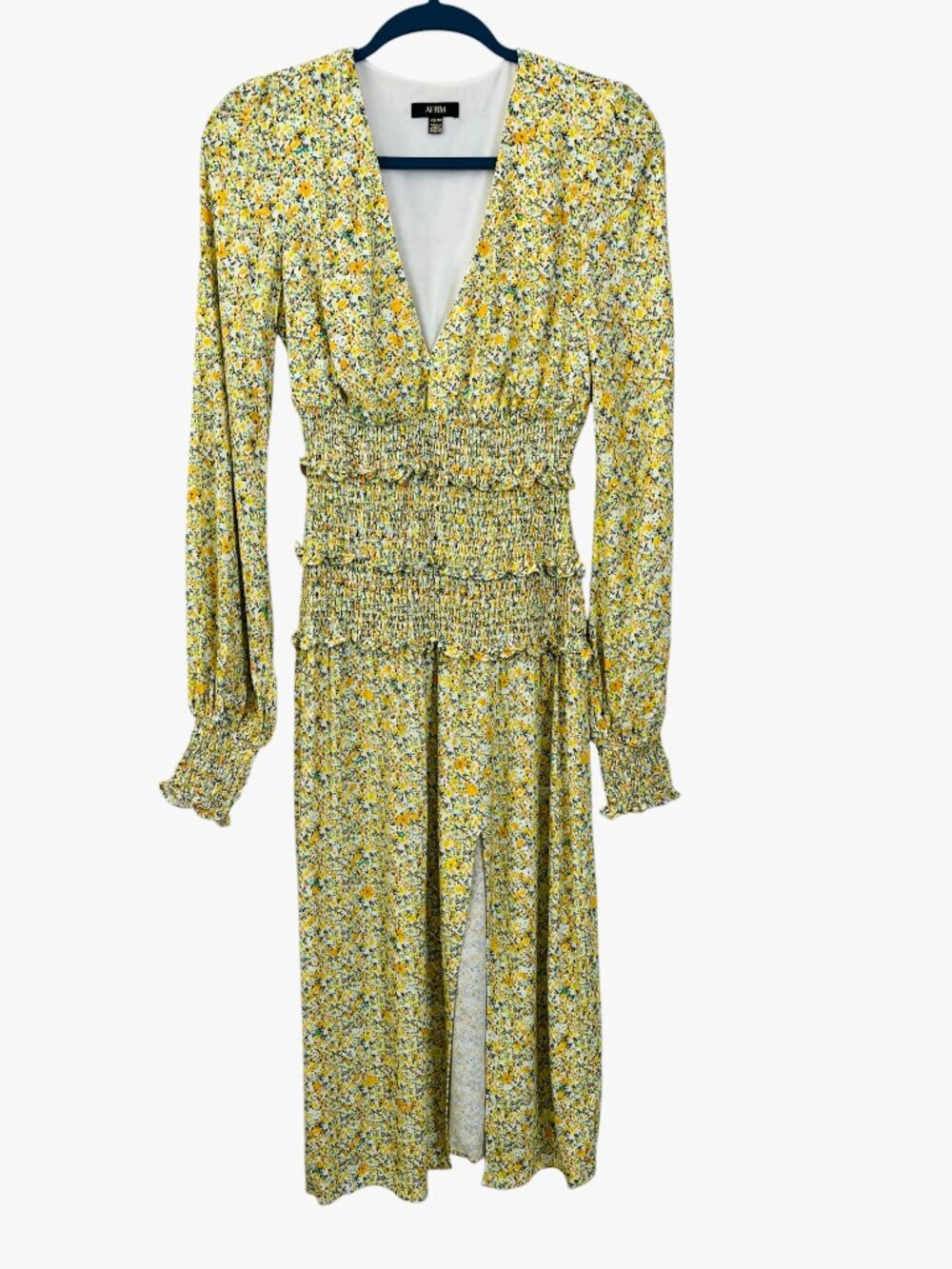 AFRM Yellow Floral Smocked Midi Dress XS - Picture 2 of 9